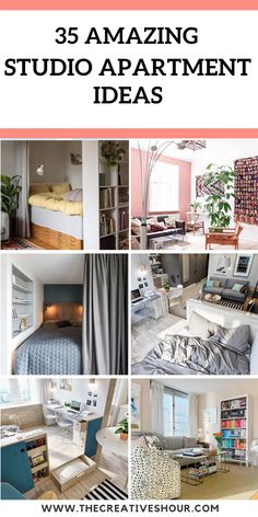 the words 35 amazing studio apartment ideas are shown in four different pictures, including a couch and