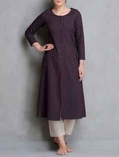 Wine Flared Kurta With Pants FABRIC DETAILS: TOP COLOR - WINE, TOP FABRIC - COTTON BOTTOM COLOR - WHITE, BOTTOM FABRIC - COTTON Cotton Kurti Set, Hijab Stile, Kurta Patterns, Nikkah Dress, Boho Styl, Tunics Online, Kurta Style, Salwar Designs