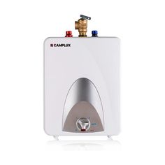 a white tankless water heater on a white background