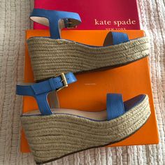 Just In Time For Summer! These Are Leather In A Happy Alice Blue Shade. The Heel Is 4” And They Are Super Comfortable. Classic Kate Spade Quality. Blue Open-toe Espadrilles With Woven Sole, Blue Open Toe Espadrilles With Woven Sole, Blue Leather Espadrilles With Woven Sole, Blue Leather Beach Espadrilles, Blue Leather Espadrilles For Beach, Blue Leather Espadrilles For The Beach, Blue Open Toe Espadrilles With Cushioned Footbed, Blue Closed Toe Platform Espadrilles, Open Toe Blue Espadrilles With Cushioned Footbed