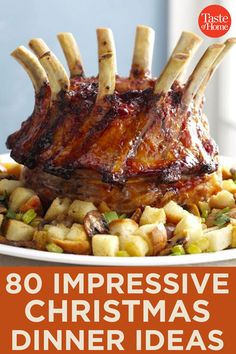 a plate with ribs and potatoes on it that says, 80 impressive christmas dinner ideas