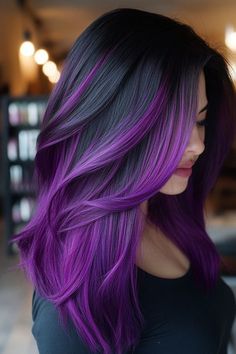 Medium Length Hair Styles Color, Purple Hair With Bangs Aesthetic, Cute Hair Medium Length, Purple Hair With Layers, Medium Length Edgy Hair, Short Hair With Purple Highlights, Purple Hair Color Ideas For Short Hair, Black Hair With Colored Tips