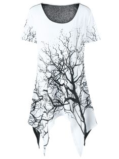 Plus Size Tree Print Asymmetrical T-Shirt - White And Black - 3L19583213 - Original Design-Women's Clothing  #OriginalDesignWomensClothing #Original #DesignWomen's #Clothing Golf Attire Women, Asymmetrical Shirt, Life Tree, Plus Size Tees, Clothing Sites, Golf Outfits Women, Trendy Plus Size Clothing, Fashion Sale, Tree Print