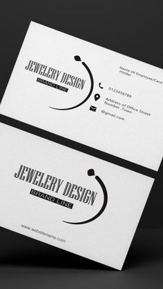 two business cards with black and white designs on the front, one is for jewelry design