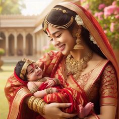 a woman holding a baby wearing a red and gold sari with her hands on her chest