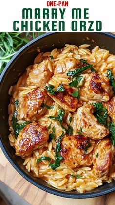 one - pan chicken orzo with spinach in a skillet