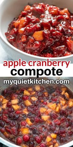 an apple cranberry compote in a white bowl with the title above it