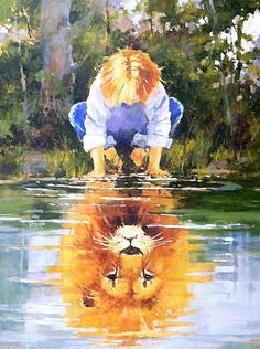 a painting of a lion in the water with its reflection on it's face