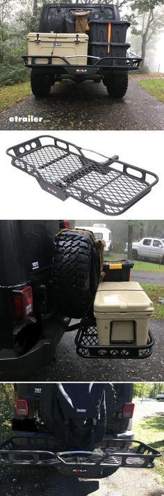 the back end of a pickup truck with its cargo compartment open and another side view of it