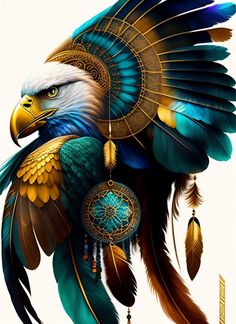 an eagle with feathers and dream catchers on it's back end, painted in gold