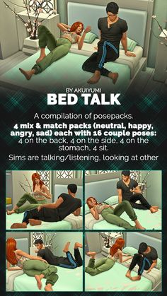 an animated poster shows two people laying on a bed and talking to each other, with the caption's description below