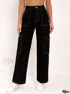 Bjux - Chic Flap Pocket Cargo Pants with High Waist, Loose Fit Y2K Style Straight Jeans for Women - Premium Denim Apparel Trendy Baggy Pants With Contrast Stitching, Baggy Straight Leg Bottoms With Contrast Stitching, Summer Wide Leg Bottoms With Contrast Stitching, Trendy Wide Leg Cargo Pants With Contrast Stitching, Spring Bottoms With Contrast Stitching Full Length, Casual Wide Leg Bottoms With Contrast Stitching, High Waist Pants With Contrast Stitching For Streetwear, Casual Mid-rise Pants With Contrast Stitching, High-waist Pants With Contrast Stitching For Streetwear