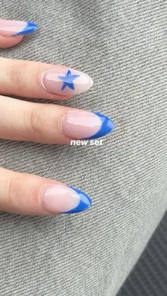 Blue French Tip Nails With Stars, Country French Tip Nails, Red And Blue French Tip Nails, Unc Nails, Bright Blue French Tip Nails, French Tips With Accent Nail, Nails Design French Tip Ideas, Blue French Tip Almond Nails, Royal Blue French Tips