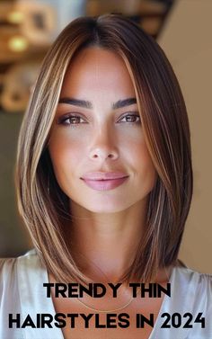 Explore the trendy thin hair styles that add volume and sophistication to your look. Whether you prefer, find your perfect style here. #ThinHair #BobHaircuts #HairTrends Tapered Medium Hair, Medium Hair For Thinning Hair, Shoulder Length Hair For Fine Hair Over 40, Medium Haircut Thinning Hair, Straight Lobs Shoulder Length, Lob For Thinning Hair, Brunette Fine Hair Styles, Short Fine Brown Hair, Medium Haircuts For Thinning Hair