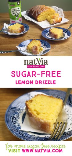 a slice of lemon cake on a plate next to a can of natvia sugar - free lemon drizzle