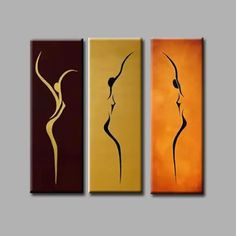 three abstract paintings on the wall, one with a woman's body in gold and brown