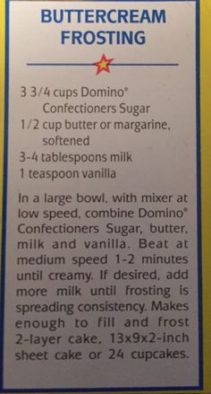 the instructions for buttercream frosting are shown in this box, and it is not