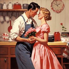 a painting of a man and woman kissing in front of a kitchen counter with pots on it