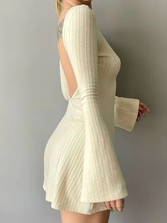 Basic Mini Dress, Cable Knit Dress, Streetwear Chic, Basic Fashion, Flare Long Sleeve, Backless Mini Dress, Autumn Dress, Knit Mini Dress, Elegant Outfit