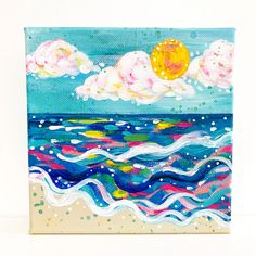 an acrylic painting of the ocean with clouds and sun in the sky above it