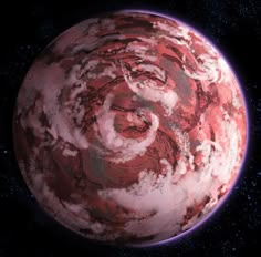 an artist's rendering of a red planet with clouds and stars in the background