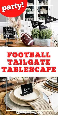 a collage of photos with the words football tailgate tablescape on it