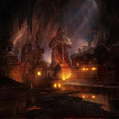 an image of a man standing in the middle of a cave with fire coming from it