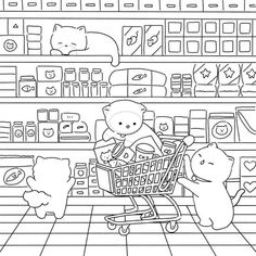 two teddy bears pushing a shopping cart in a grocery store coloring page for adults and children