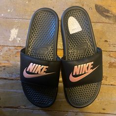 Pink & Black. Never Worn. Brand New Condition Cheap Nike Open Toe Flip Flops, Black Non-slip Sneakers For Summer, Black Non-slip Sneakers, Nike Black Slides For Spring, Nike Black Low-top Sandals, Comfortable Black Low-top Sandals, Casual Pink Open Toe Sneakers, Nike Black Sneakers For Summer, Black Nike Sneakers For Summer