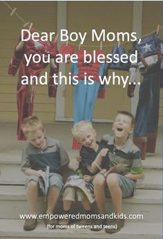 three young boys sitting on the steps with their mouths open and one boy is laughing