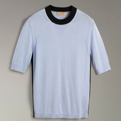 Brand New With Tags. A Lightweight T-Shirt Knitted In Silk Cashmere With The Collar And Sides In Contrasting Materials. 82% Silk 18% Cashmere Blue Short Sleeve Knit Top, Blue Crew Neck Knit Top, Classic Blue Knit Tops, Classic Blue Tops For Layering, Blue Knit Top, Burberry Top, Velour Shorts, Burberry T Shirt, Burberry Tops