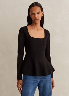 ME+EM's sellout peplum top is reimagined in a long-sleeved silhouette. The Black Structured Peplum Long Sleeve Knit Top has a structured shape that grants it a fitted-flattering silhouette. Shop now. V Neck Peplum Top, Long Sleeve Peplum Top, Peplum Sweater, Ankle Sleeve, Long Sleeve Knit Top, Fire Fits, Evening Outfits, Long Sleeve Knit Tops, Womens Designer Fashion