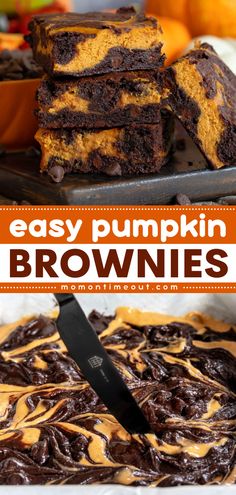 easy pumpkin brownies with chocolate swirl on top and an orange cake in the background