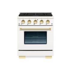 a white stove with gold trim and four burners on the front, against a white background