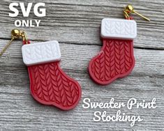 red and white christmas stocking earrings with the words svg only written on it