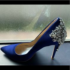 Brand New And Never Worn! Beautiful Blue Satin Pumps With Rhinestone Details On The Heel. Can Be Used For Your “Something Blue” On Your Wedding Day Or As A Great Accent Color For A Cocktail Dress. Glamorous Blue High Heel Wedding Shoes, Blue Glamorous Wedding Shoes For Party, Elegant Crystal Heels For Events, Glamorous Blue Heels For Weddings, Elegant Embellished Wedding Shoes With Crystal, Elegant Embellished Crystal Wedding Shoes, Elegant Crystal Embellished Wedding Shoes, Elegant Crystal Wedding Shoes, Blue Rhinestone Wedding Shoes For Formal Occasions