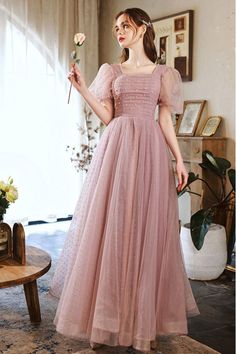 10% off now! elegant tulle long pink square beaded prom dress with pleats sleeves online. Sheprom offers formal, party, casual & more style dresses to fit your special occasions. Pink Gown Elegant With Sleeves, Formal Gowns Elegant Modest, Modest Grad Dresses, Birthday Dress Ideas For Teens, Long Pink Dress Formal, Birthday Dress Modest, Teen Dresses Formal, Long Sleeve Prom Dress Modest, Pink Dress Graduation