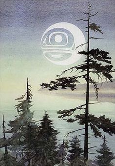 a painting of trees and water with the moon in the sky above it, as seen from an overlook point