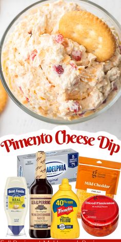 the ingredients for pineapple cheese dip in a glass bowl and on a white table