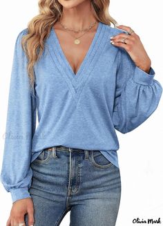 Olivia Mark - Solid Color Relax Fit Long Sleeve Casual Sweater Cheap Beige Tops With Medium Bust Support, Versatile Tops, Pleated Neckline, Fall Tops, Casual Sweater, Long Sleeve Tops Casual, Loose Fitting Tops, Long Puff Sleeves, Tops Fall