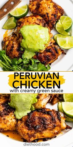 chicken with guacamole and limes on top is shown in two different pictures