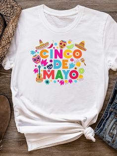 "Celebrate Cinco de Mayo in style with the \"Cinco De Mayo T Shirt.\" This shirt is perfect for both men and women looking to add a festive touch to their May 5th celebrations. With its cute and vibrant design, it captures the spirit of this Mexican holiday. Whether you're hitting the town for Cinco de Mayo festivities or simply want to showcase your enthusiasm for the occasion, this shirt is the ideal choice. It's a fun and fashionable way to join in the May 5th festivities, making it a standou Cheap T-shirt With Funny Print For Cinco De Mayo, White Crew Neck Shirt For Cinco De Mayo, White Graphic Print Tops For Cinco De Mayo, White Letter Print Tops For Cinco De Mayo, Mexican Holiday, 5 De Mayo, Stylish Shirts, Tshirt Colors, Print Quality