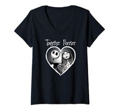 a women's black t - shirt with the words together forever and two skeletons in a heart