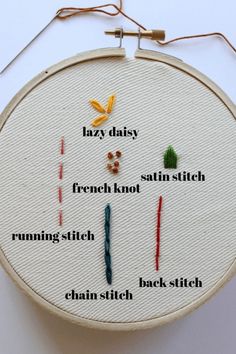 a cross stitch pattern with the words lazy daisy, french knot, running stitch, chain stitch, back stitch and lazy daisy