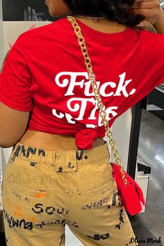 Olivia Mark - Stylish Red Casual Print Patchwork Letter O Neck T-Shirt Purple And Gold Dress, Hot Jumpsuits, White Fashion Casual, Hot Swimwear, Red Dress Short, White Bodysuit, Letter O, Letter T, Print Pullover