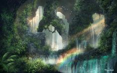 an artistic painting of waterfalls and rainbows in the forest with trees on either side