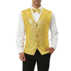 Sleeveless V-neck, full sequin design, makes you eye-catching in the crowd. The classic single-breasted party suit vest and slim tailoring perfectly show your charm. This sequined vest is matched with a bow tie, trousers, shirt, and blazer to create a bright and handsome appearance. Suitable for multiple occasions, father's day, nightclubs, performance costumes, birthday parties, hip-hop, music festivals, Christmas, Halloween, role-playing, disco parties, etc. Model Body Size: Height: 6'1", Ches Disco Parties, Motorcycle Leather Vest, Vest Suit, Sequin Vest, Heated Clothing, Mens Suit Vest, Sleeveless Coat, Heated Jacket, Biker Vest