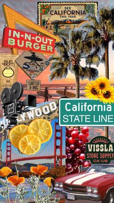 the california state line is depicted in this collage with oranges and other things