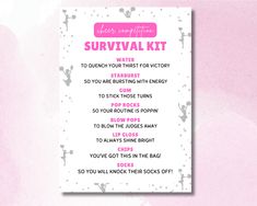 a pink and white poster with the words survival kit on it's back side