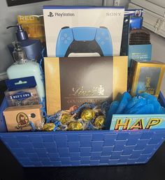 a blue basket filled with lots of different items